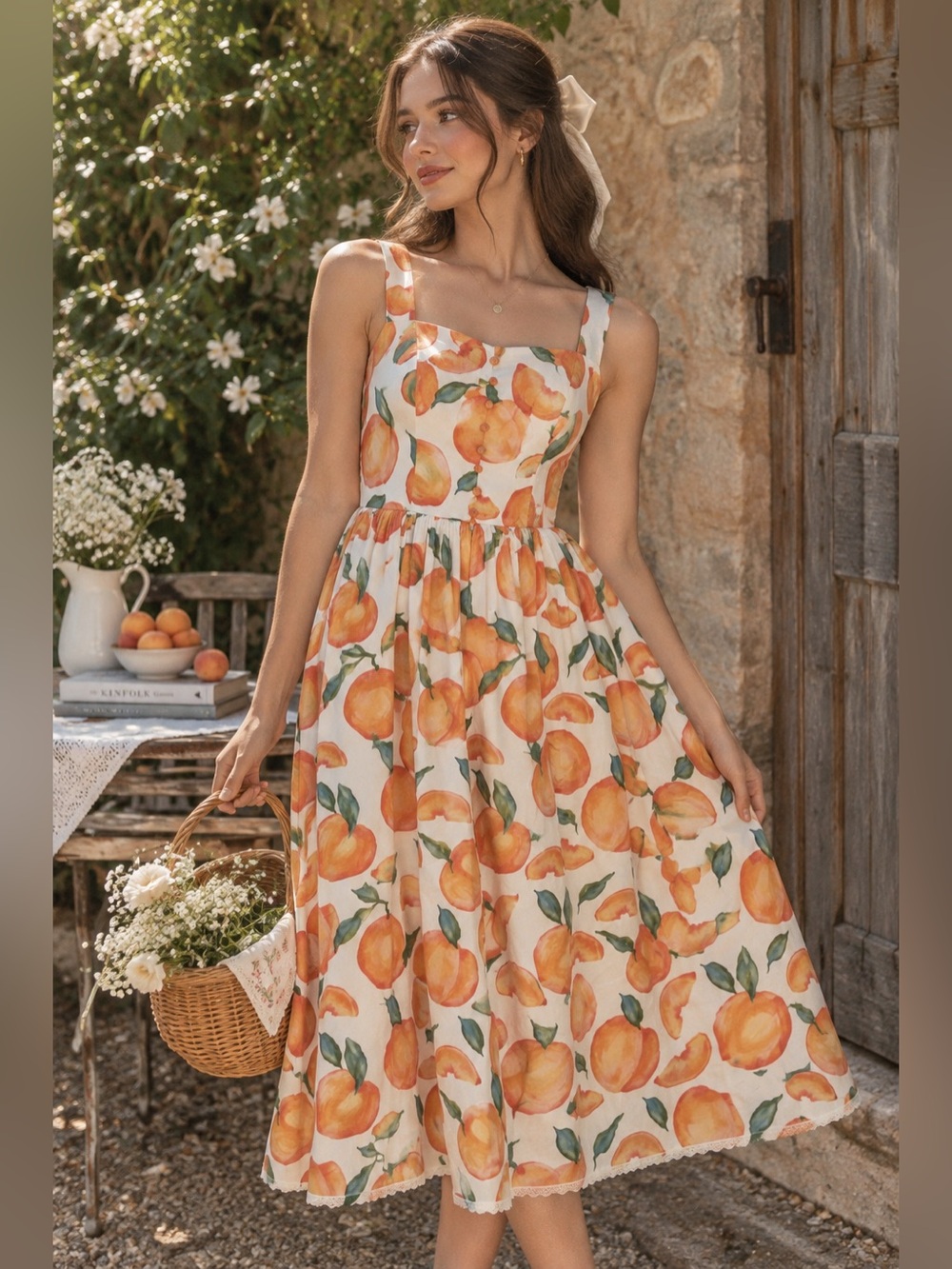Ivy City Co Fruit Medley Peach Print Midi Dress XS Cottagecore